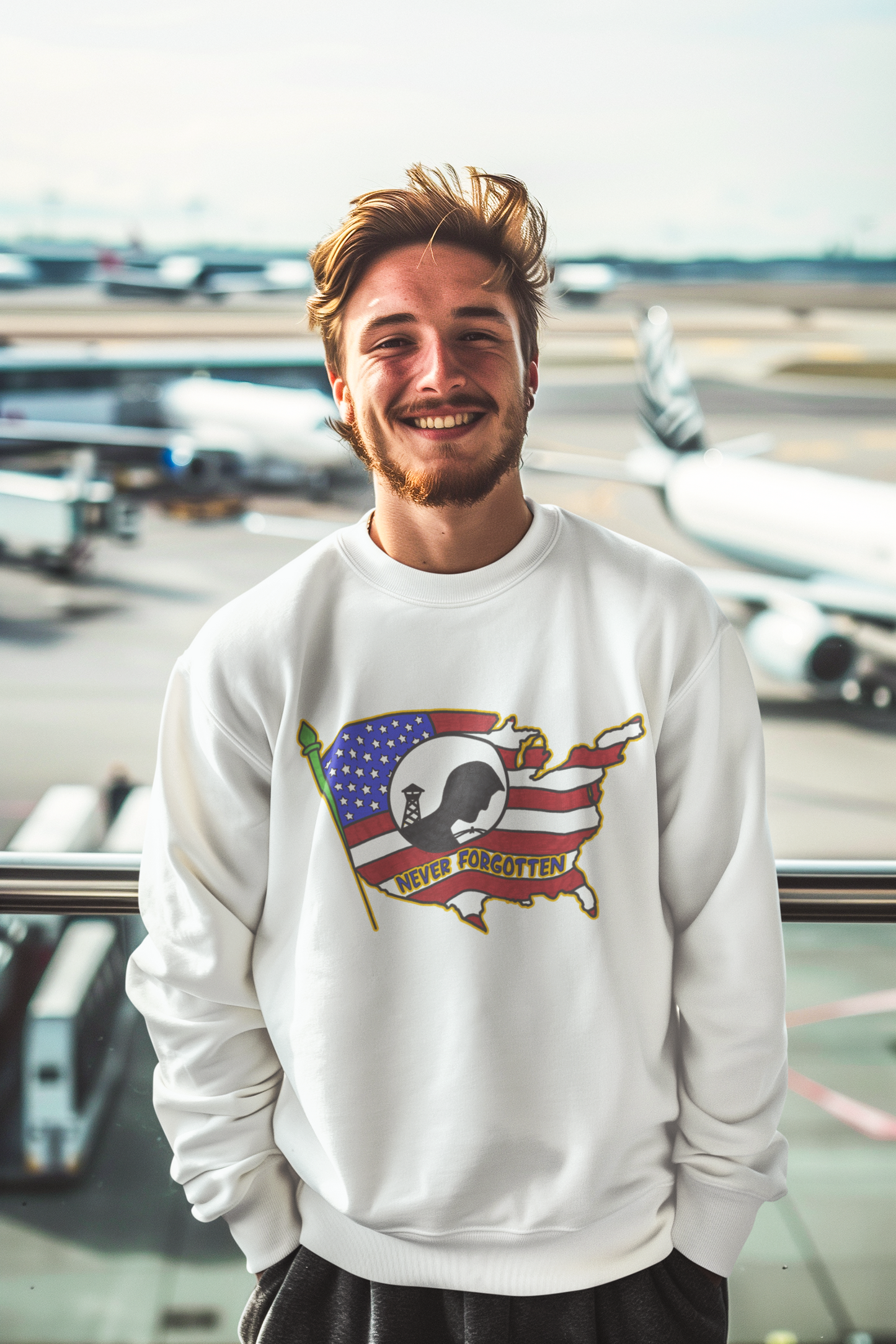 NEVER FORGOTTEN Heavy Weight Patriotic Military Sweatshirt (S-5XL): Men's Gildan 18000 - FREE SHIPPING