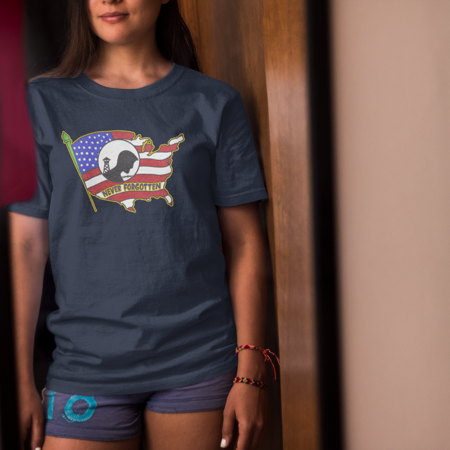 NEVER FORGOTTEN Classic Patriotic Military T-Shirt (S-5XL): Women's Medium Weight Gildan 5000 - FREE SHIPPING