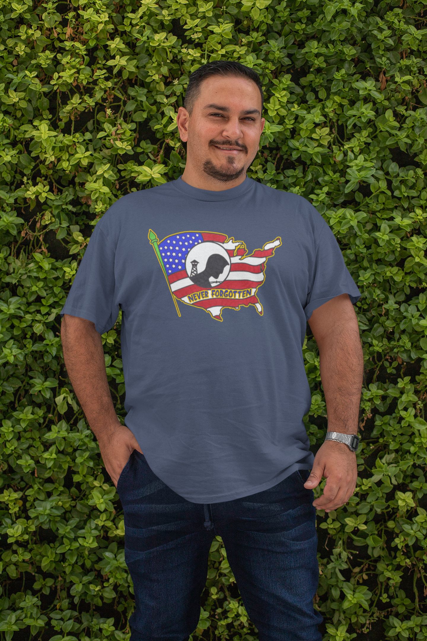 . NEVER FORGOTTEN Plus Size Heavy Weight Patriotic Military T-Shirt (S-5XL): Men's Hanes Beefy-T® - FREE SHIPPING