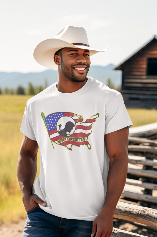 NEVER FORGOTTEN Patriotic Military T-Shirt (S-5XL): Men's Medium Weight 5000 - FREE SHIPPING