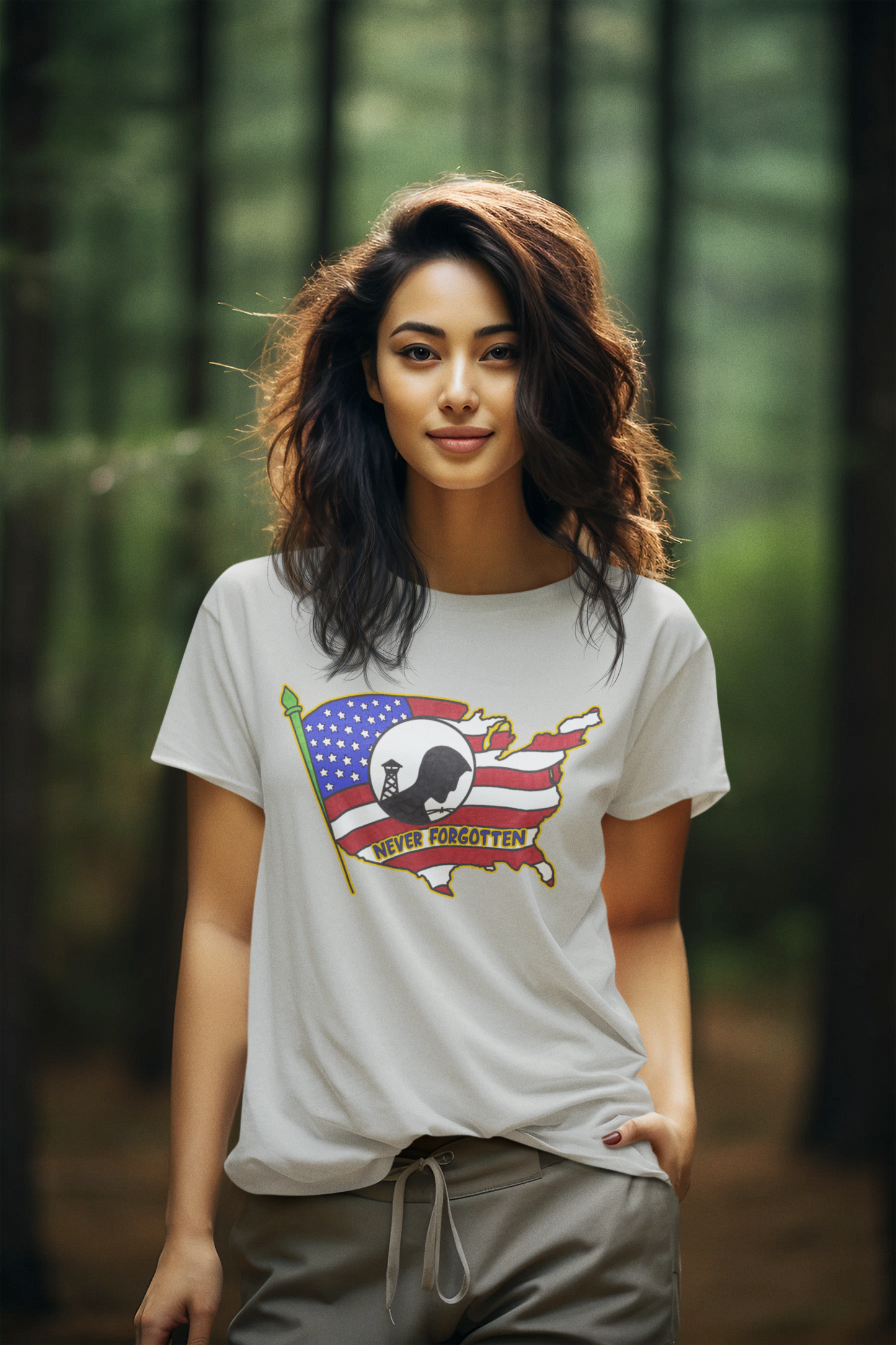 NEVER FORGOTTEN Semi-Fitted Patriotic T-Shirt (S-3XL): Women's Gildan 5000L - FREE SHIPPING