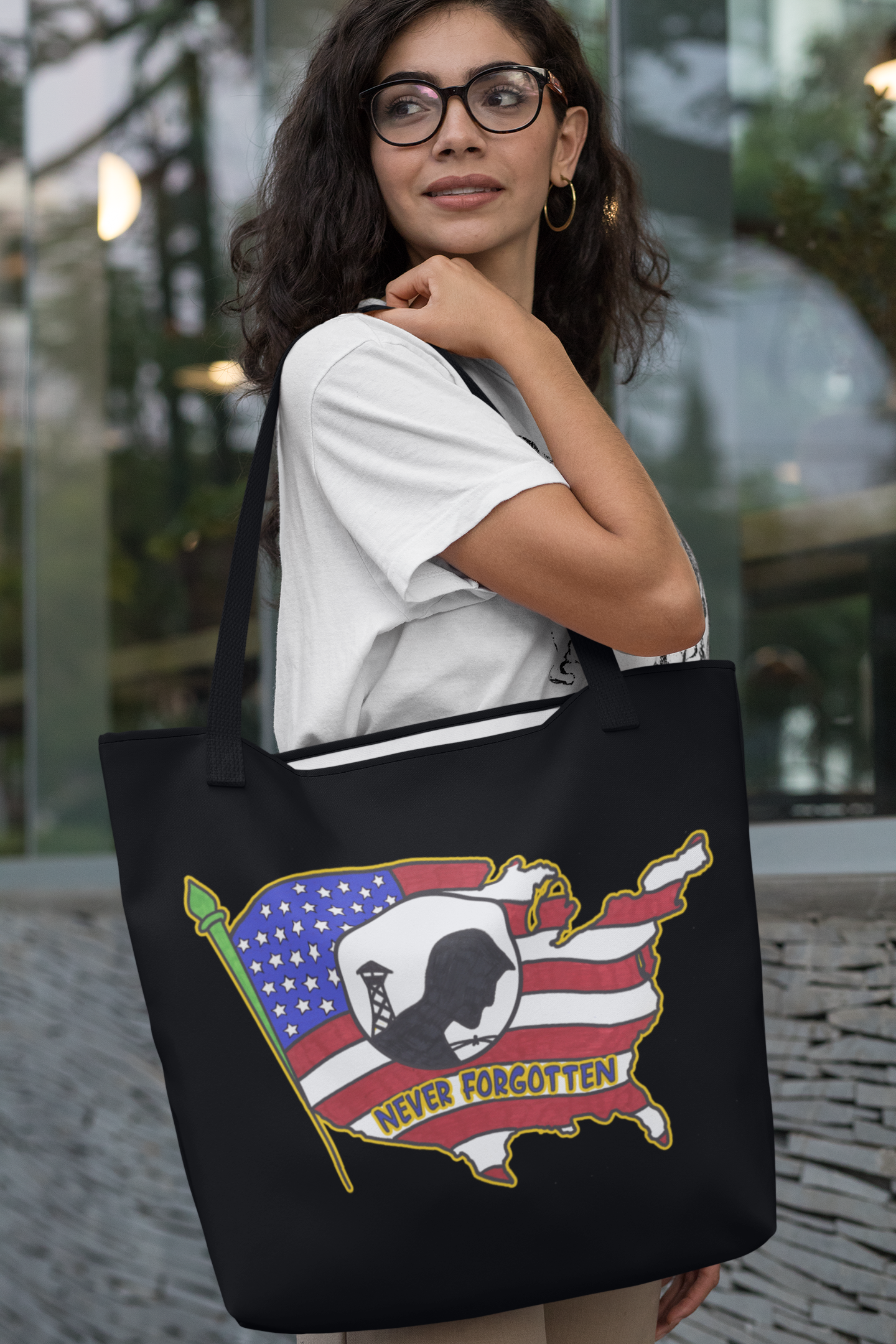 NEVER FORGOTTEN Patriotic Military 100% Polyester Tote Bag (3 sizes) - FREE SHIPPING