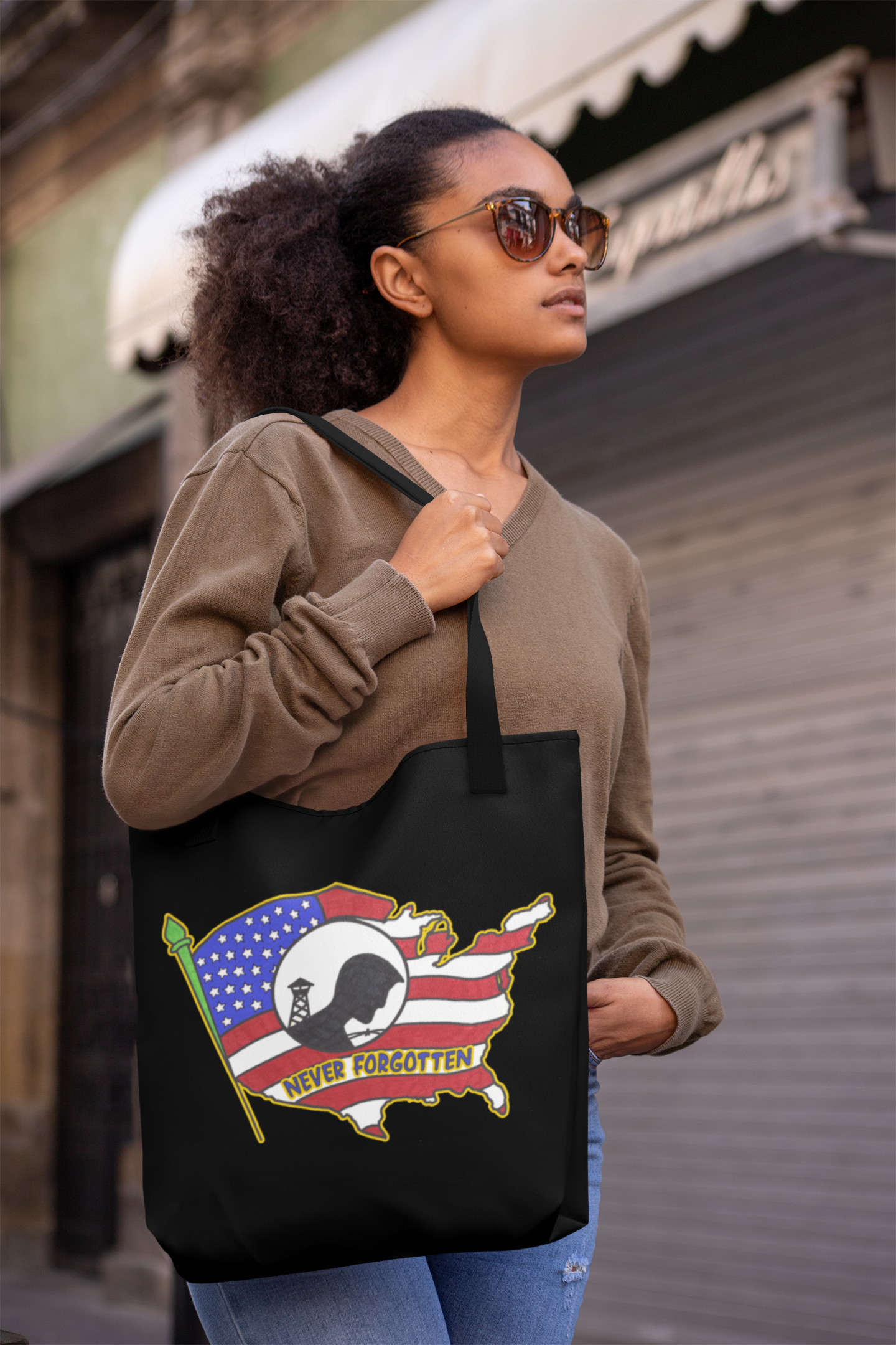 NEVER FORGOTTEN Patriotic Military 100% Polyester Tote Bag (3 sizes) - FREE SHIPPING