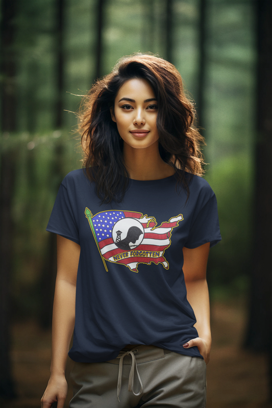 NEVER FORGOTTEN Semi-Fitted Patriotic T-Shirt (S-3XL): Women's Gildan 5000L - FREE SHIPPING