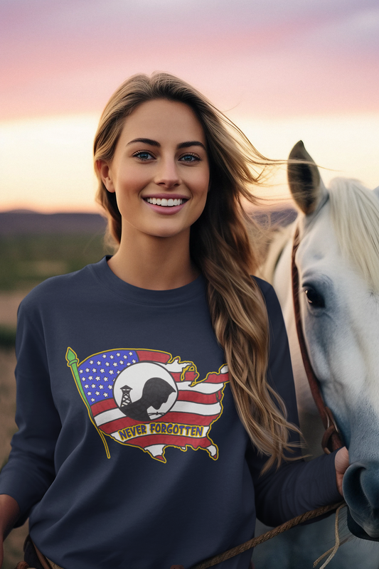 NEVER FORGOTTEN Heavy Weight Patriotic Military Long Sleeve T-Shirt (S-2XL): Women's Gildan 2400 - FREE SHIPPING