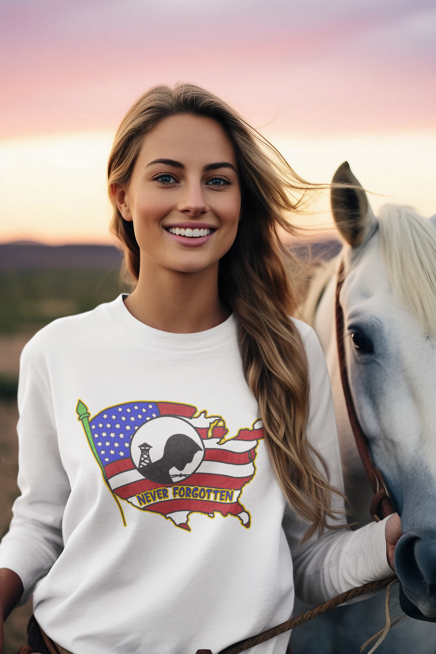 NEVER FORGOTTEN Heavy Weight Patriotic Military Long Sleeve T-Shirt (S-2XL): Women's Gildan 2400 - FREE SHIPPING