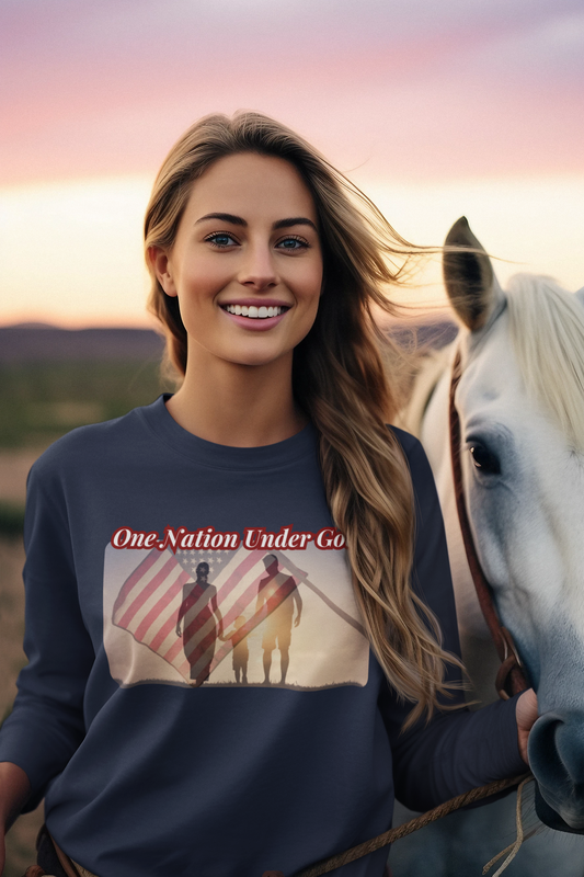 ONE NATION UNDER GOD Heavy Weight Patriotic Christian Long Sleeve T-Shirt (S-2XL): Women's Gildan 2400 - FREE SHIPPING