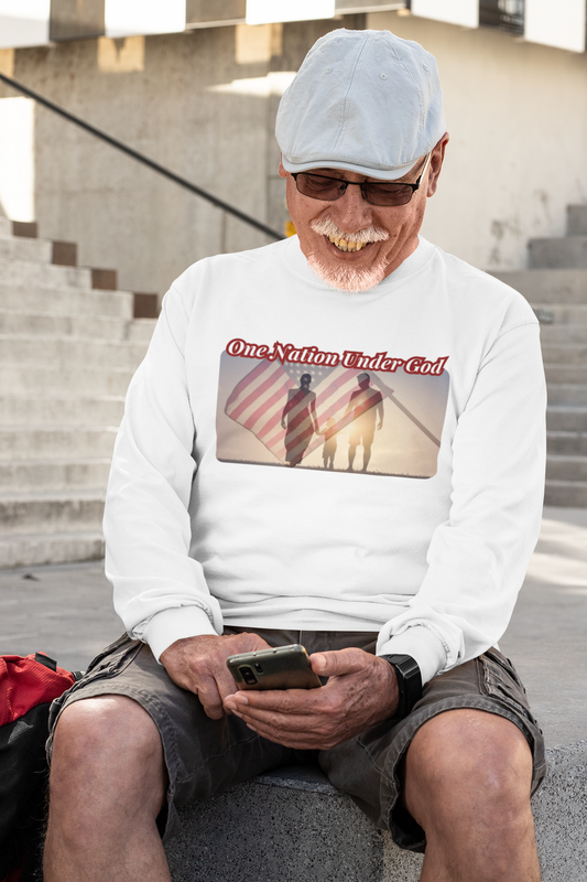 . ONE NATION UNDER GOD Heavy Weight Patriotic Christian Long Sleeve T-Shirt (S-2XL): Men's Gildan 2400 - FREE SHIPPING