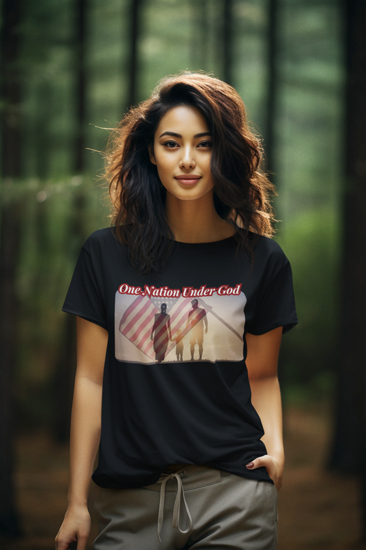 ONE NATION UNDER GOD Semi-Fitted Patriotic Christian T-Shirt (S-3XL): Women's Gildan 5000L - FREE SHIPPING