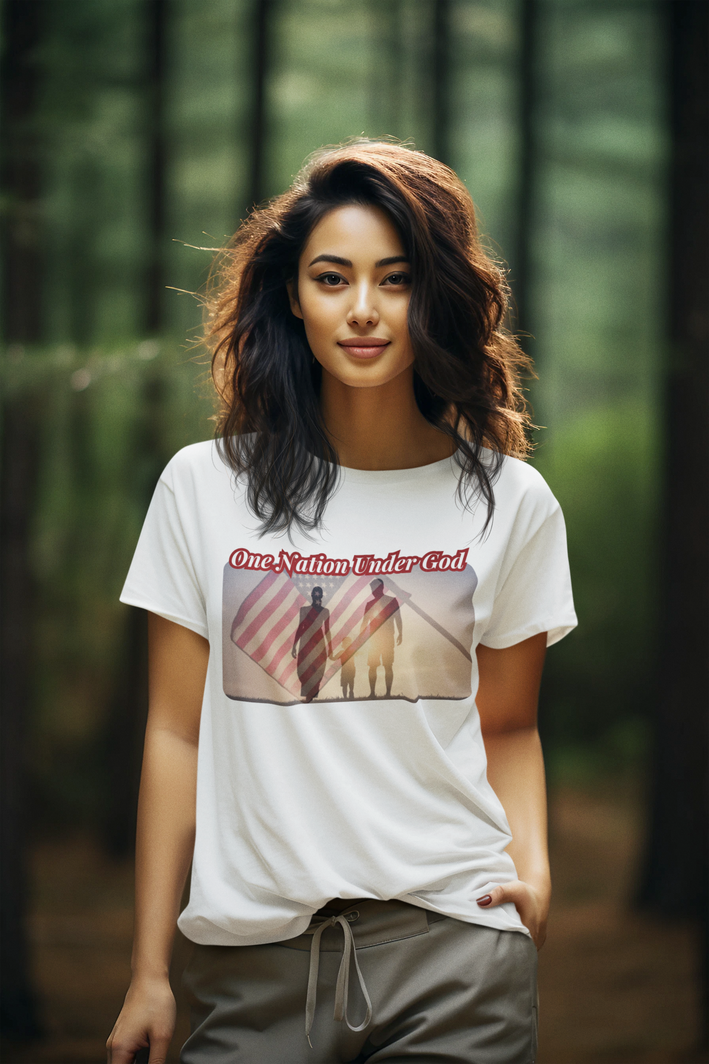 ONE NATION UNDER GOD Semi-Fitted Patriotic Christian T-Shirt (S-3XL): Women's Gildan 5000L - FREE SHIPPING