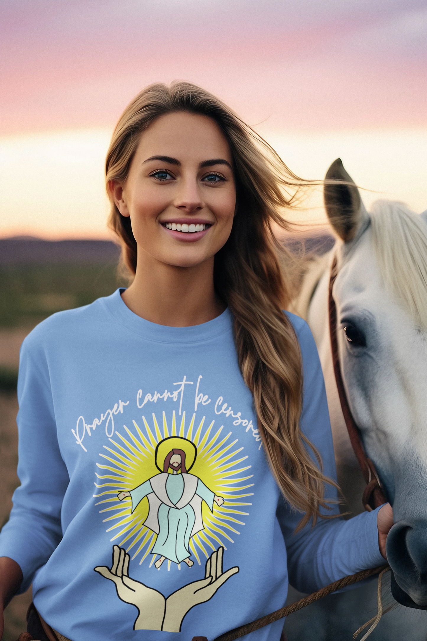 PRAYER CANNOT BE CENSORED Heavy Weight Patriotic Christian Long Sleeve T-Shirt (S-2XL): Women's Gildan 2400 - FREE SHIPPING