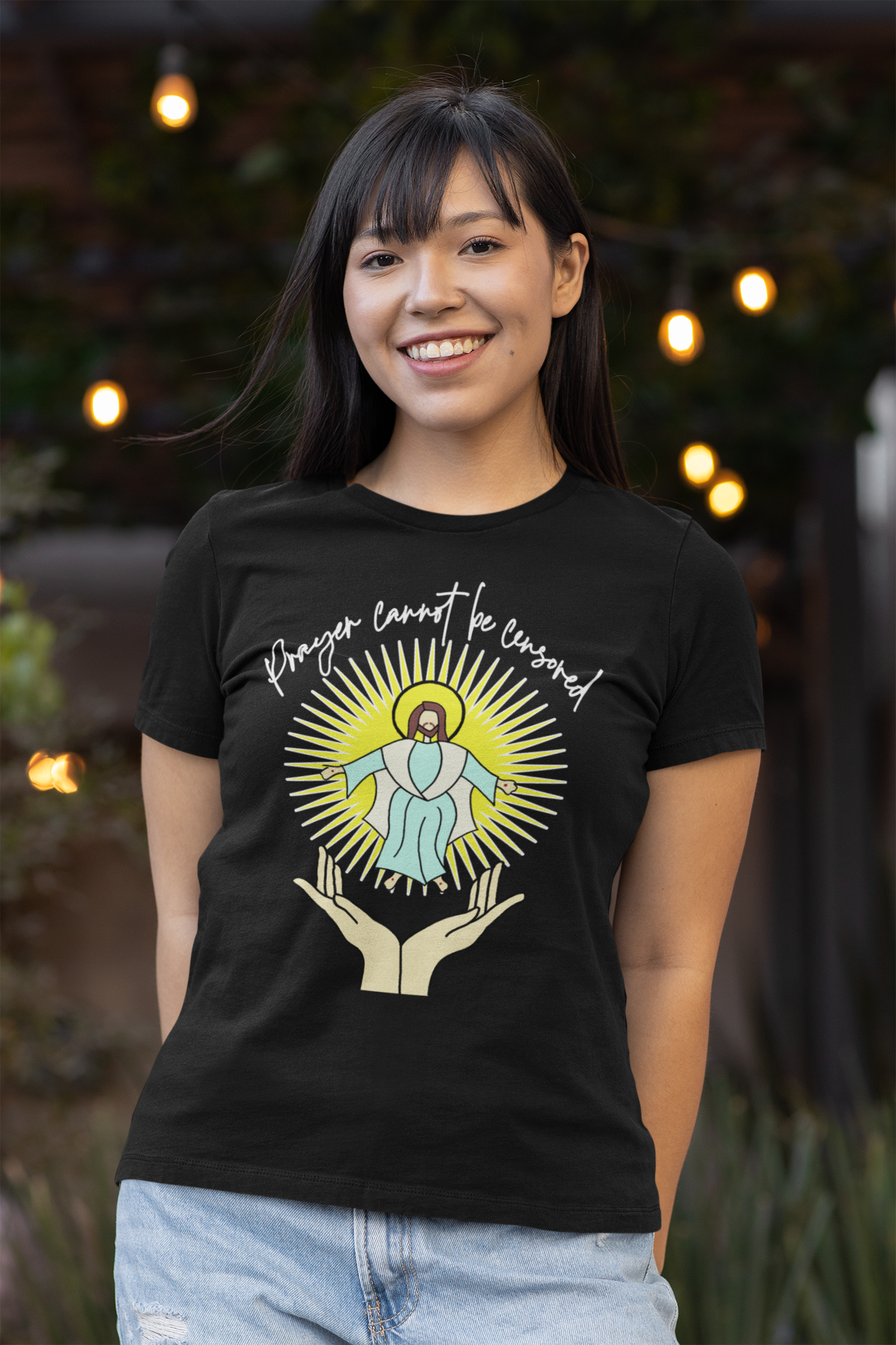 PRAYER CANNOT BE CENSORED Fitted Patriotic Christian T-Shirt (S-2XL): Women's Bella+Canvas 6004 - FREE SHIPPING