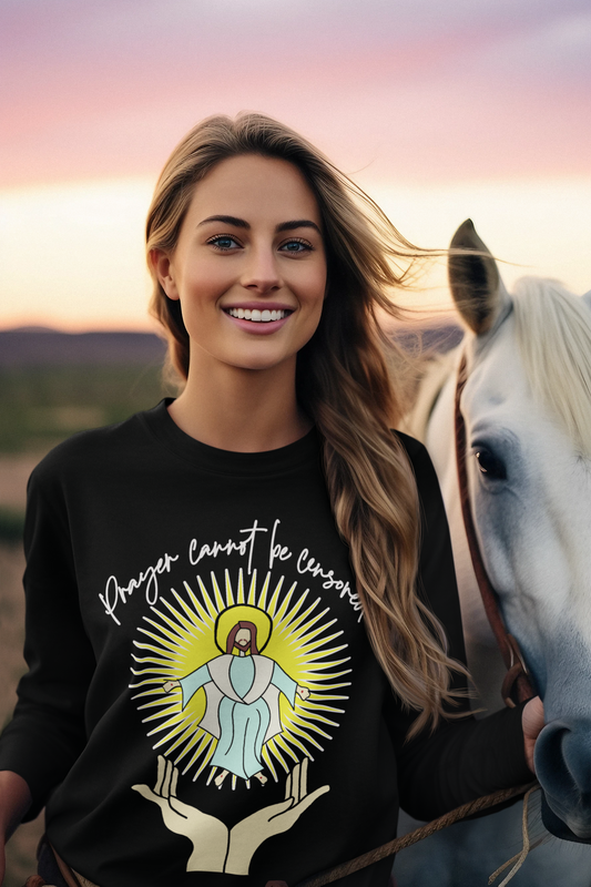 PRAYER CANNOT BE CENSORED Heavy Weight Patriotic Christian Long Sleeve T-Shirt (S-2XL): Women's Gildan 2400 - FREE SHIPPING