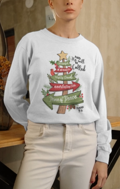 The PRINCE OF PEACE Heavy Weight Christmas Long Sleeve T-Shirt (S-2XL): Women's Gildan 2400 - FREE SHIPPING