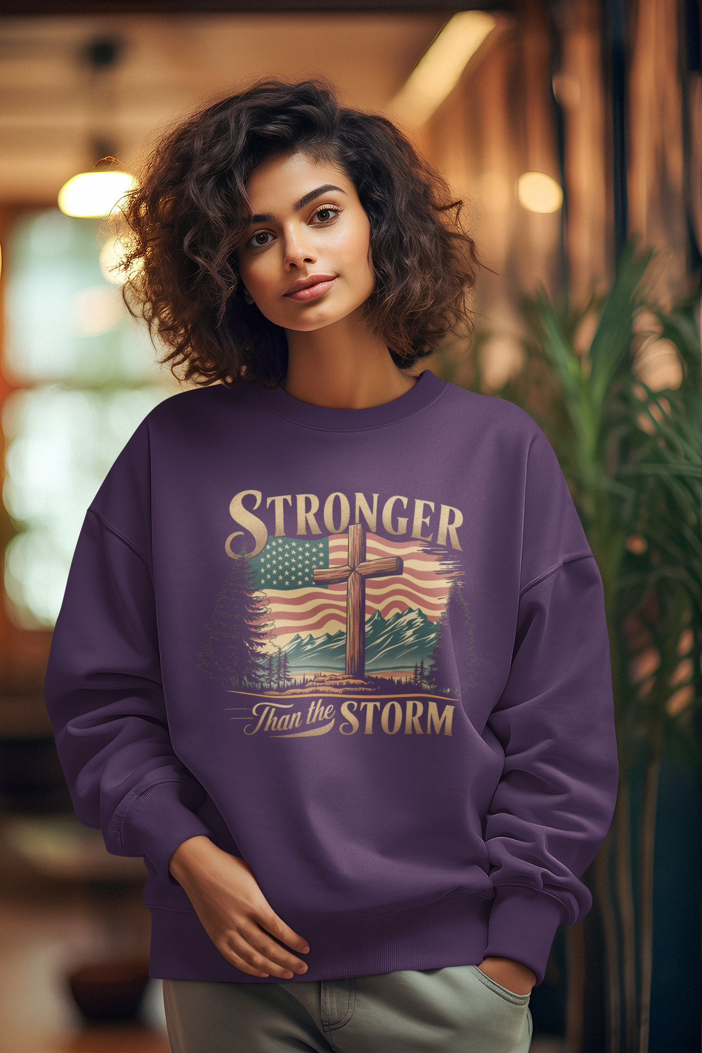 STRONGER THAN THE STORM Heavy Weight Patriotic Christian Sweatshirt (S-5XL): Women's Gildan 18000 - FREE SHIPPING