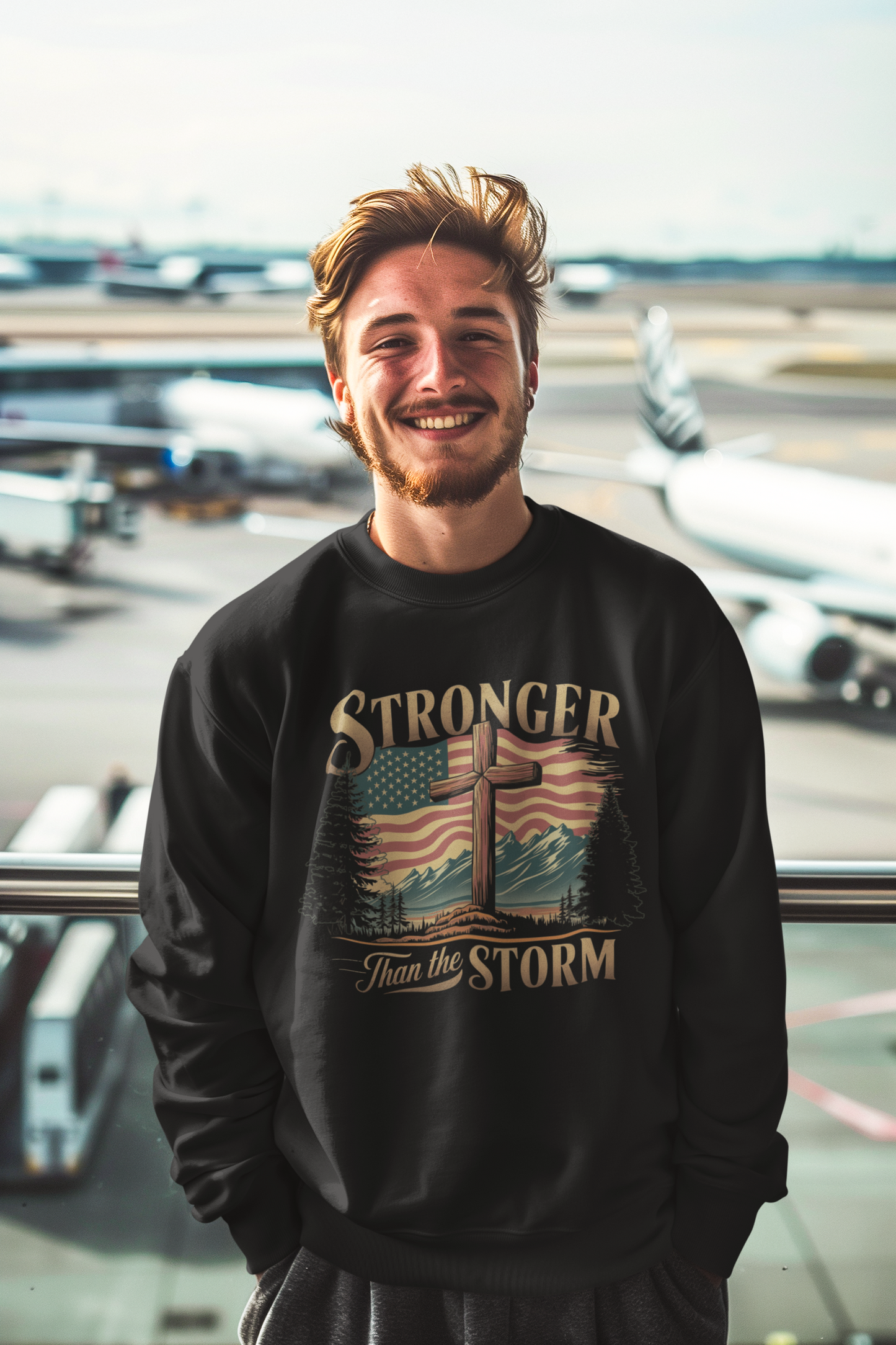 STRONGER THAN THE STORM Heavy Weight Patriotic Christian Sweatshirt (S-5XL): Men's Gildan 18000