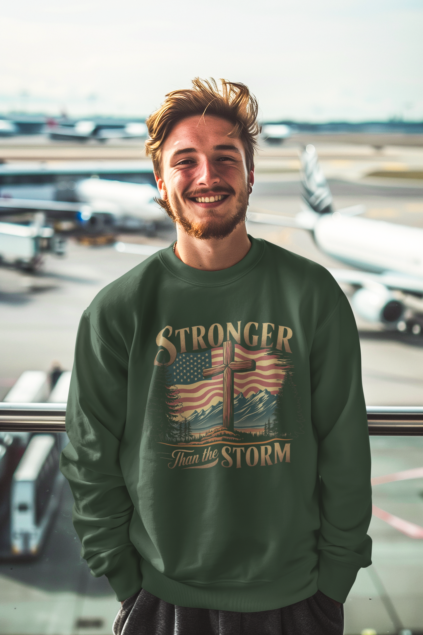 STRONGER THAN THE STORM Heavy Weight Patriotic Christian Sweatshirt (S-5XL): Men's Gildan 18000
