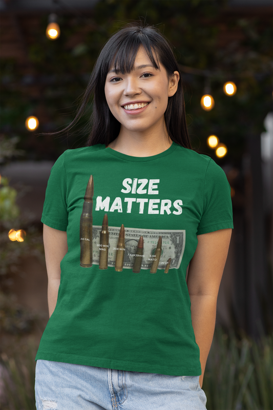 SIZE MATTERS Fitted Patriotic T-Shirt (S-2XL): Women's Bella+Canvas 6004 - FREE SHIPPING