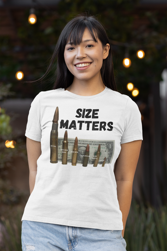 SIZE MATTERS Fitted Patriotic T-Shirt (S-2XL): Women's Bella+Canvas 6004 - FREE SHIPPING