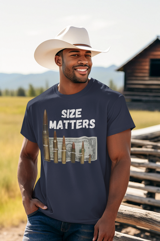 SIZE MATTERS Patriotic T-Shirt (S-5XL): Men's Medium Weight Gildan 5000 - FREE SHIPPING