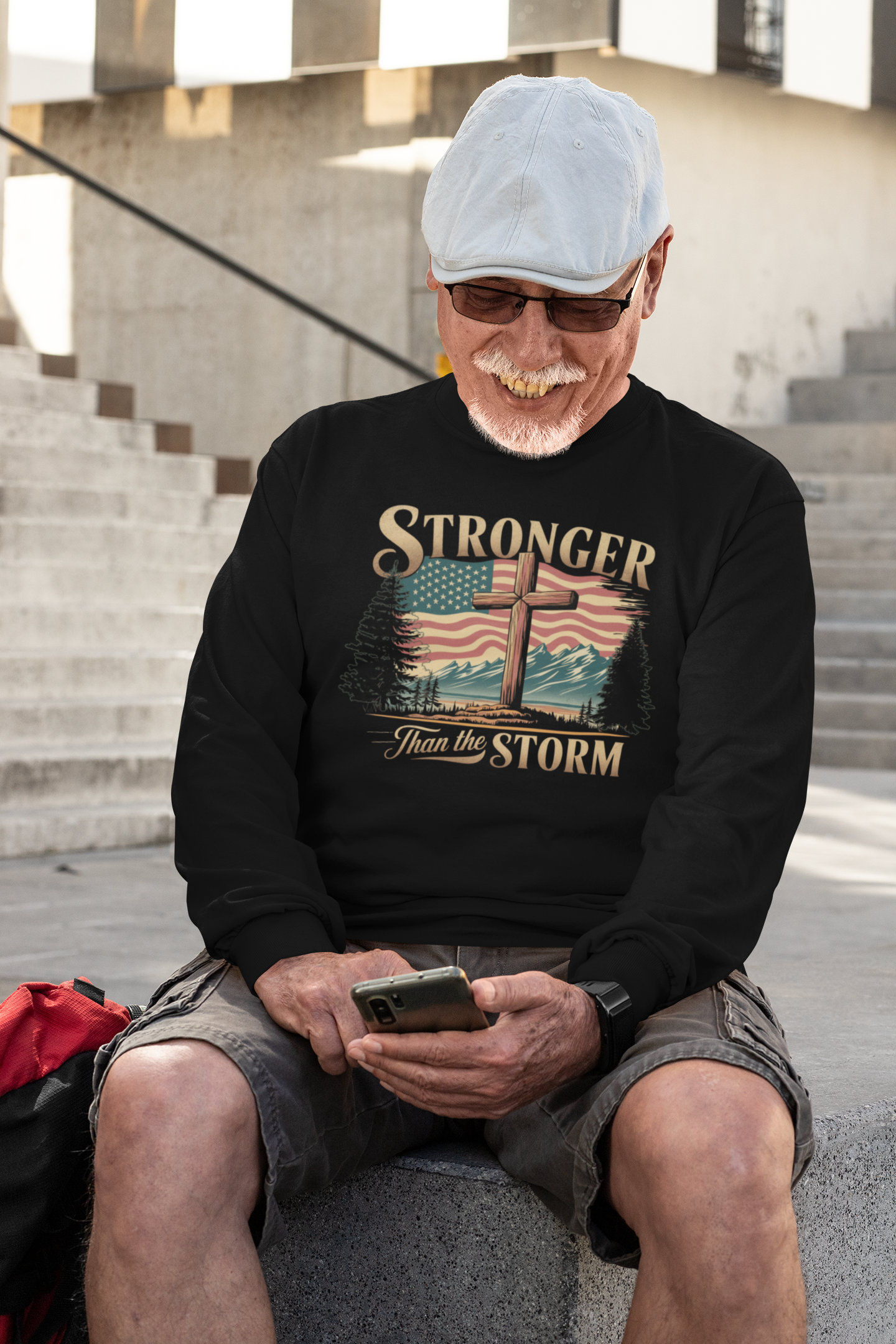 STRONGER THAN THE STORM Heavy Weight Patriotic Christian Long Sleeve T-Shirt (S-2XL): Men's Gildan 2400 - FREE SHIPPING
