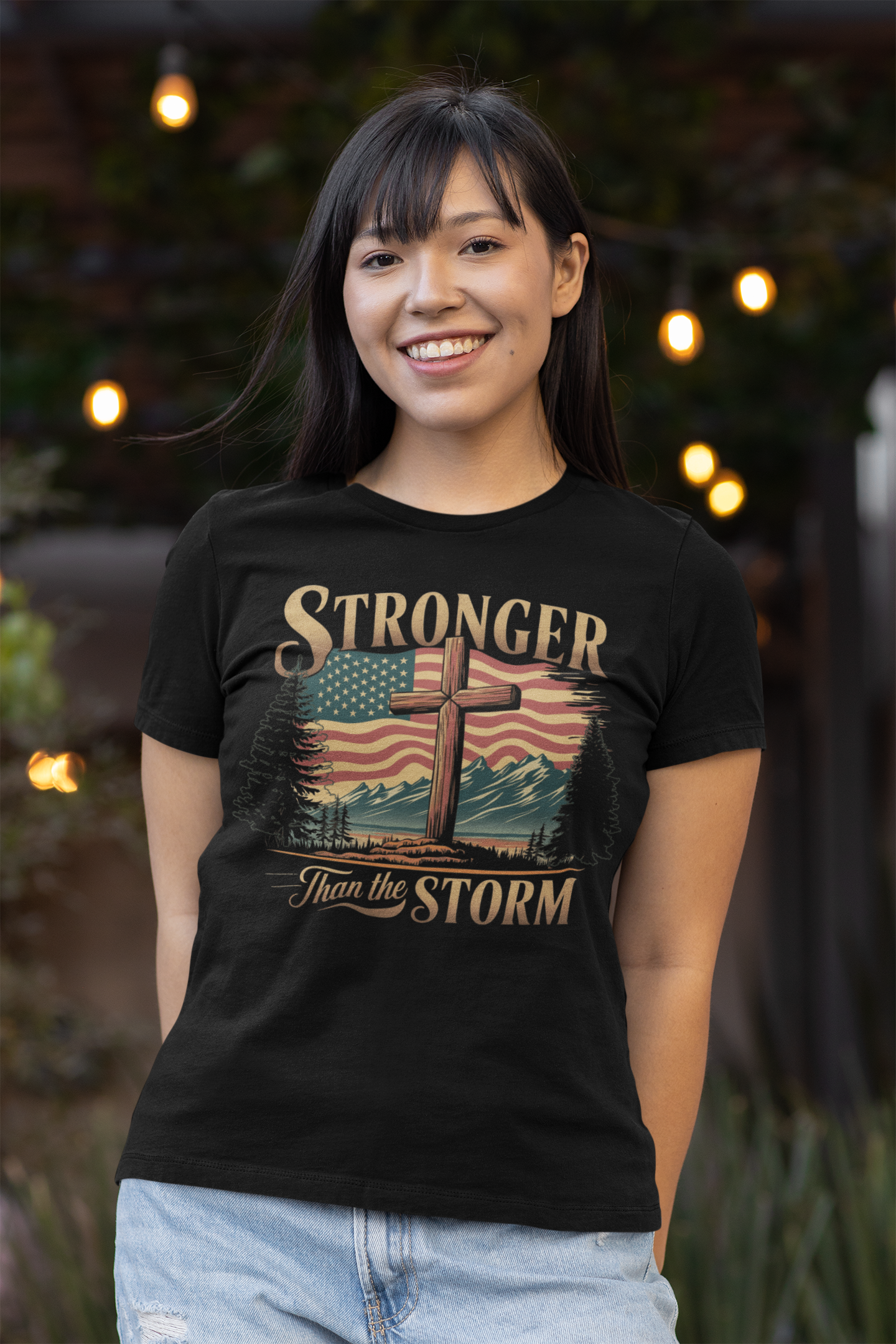 STRONGER THAN THE STORM Fitted Patriotic Christian T-Shirt (S-2XL): Women's Bella+Canvas 6004 - FREE SHIPPING