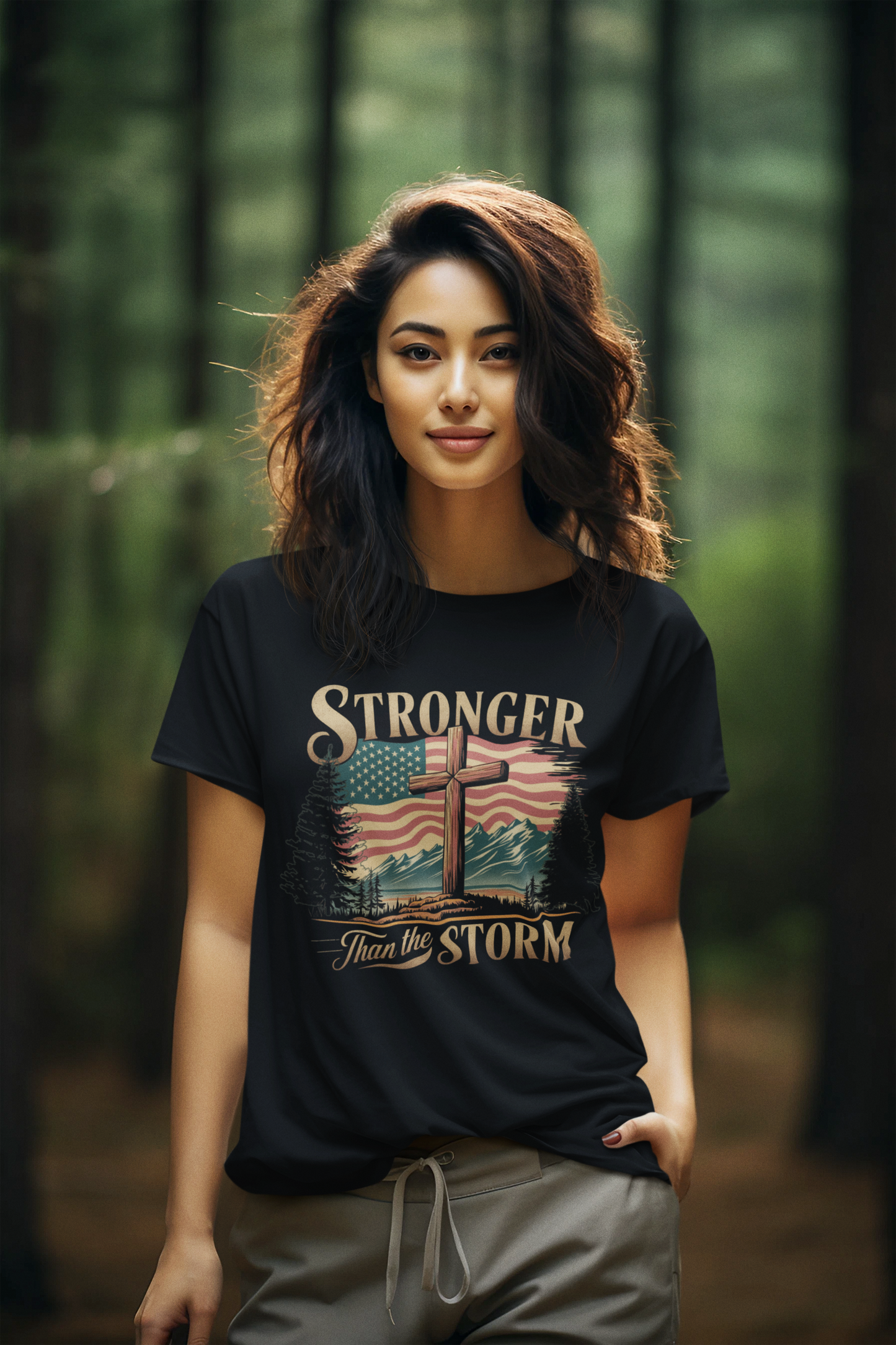 STRONGER THAN THE STORM Semi-Fitted Patriotic Christian T-Shirt (S-3XL): Women's Gildan 5000L - FREE SHIPPING
