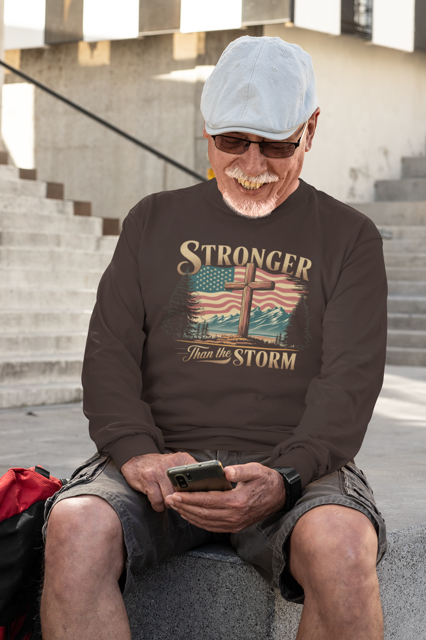 STRONGER THAN THE STORM Heavy Weight Patriotic Christian Long Sleeve T-Shirt (S-2XL): Men's Gildan 2400 - FREE SHIPPING
