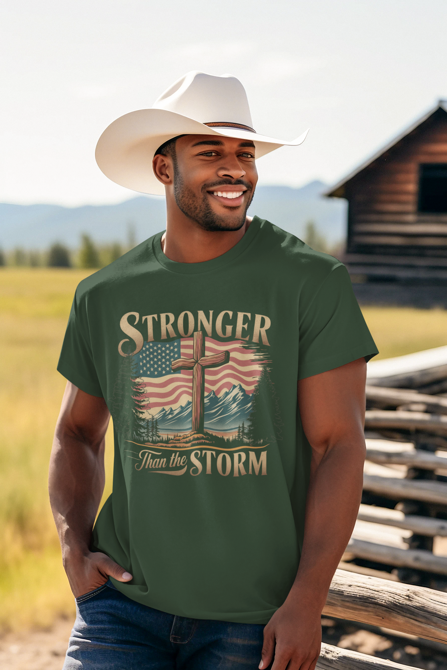 STRONGER THAN THE STORM Patriotic Christian T-Shirt (S-5XL): Men's Medium Weight Gildan 5000 - FREE SHIPPING