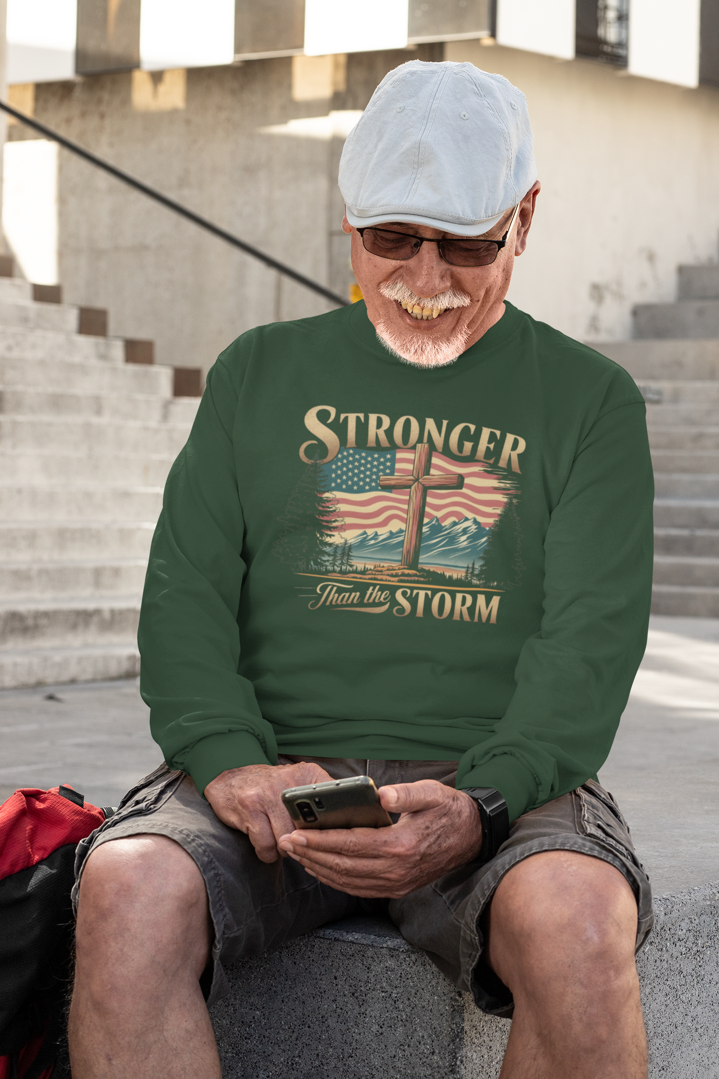 STRONGER THAN THE STORM Heavy Weight Patriotic Christian Long Sleeve T-Shirt (S-2XL): Men's Gildan 2400 - FREE SHIPPING