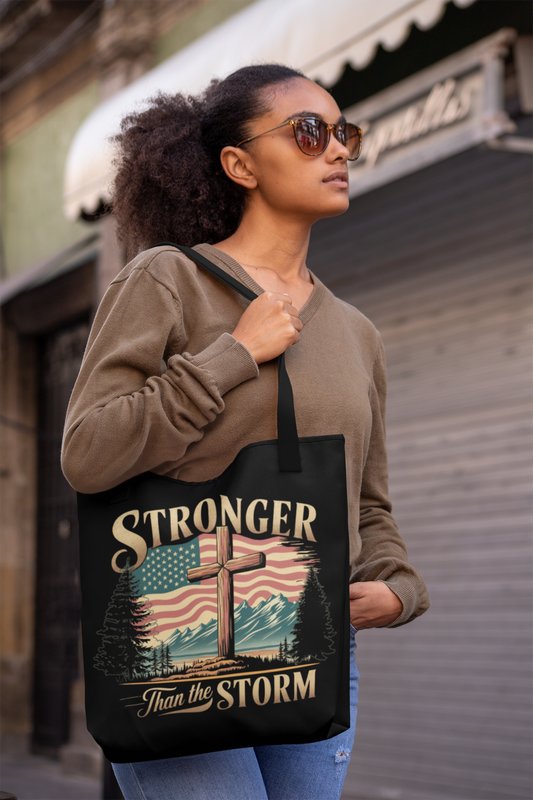 STRONGER THAN THE STORM Patriotic Christian 100% Polyester Tote Bag (3 sizes) - FREE SHIPPING