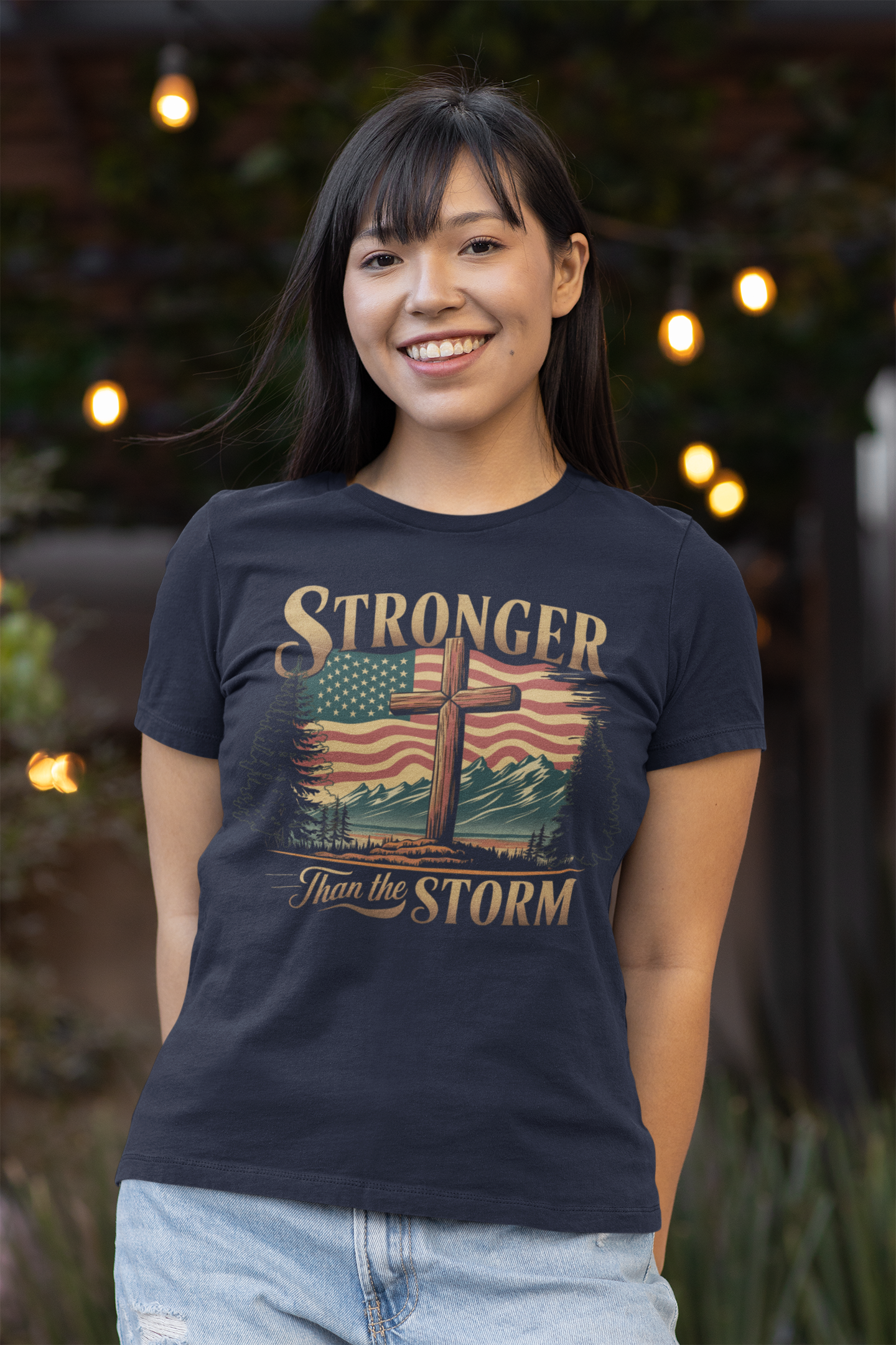 STRONGER THAN THE STORM Fitted Patriotic Christian T-Shirt (S-2XL): Women's Bella+Canvas 6004 - FREE SHIPPING