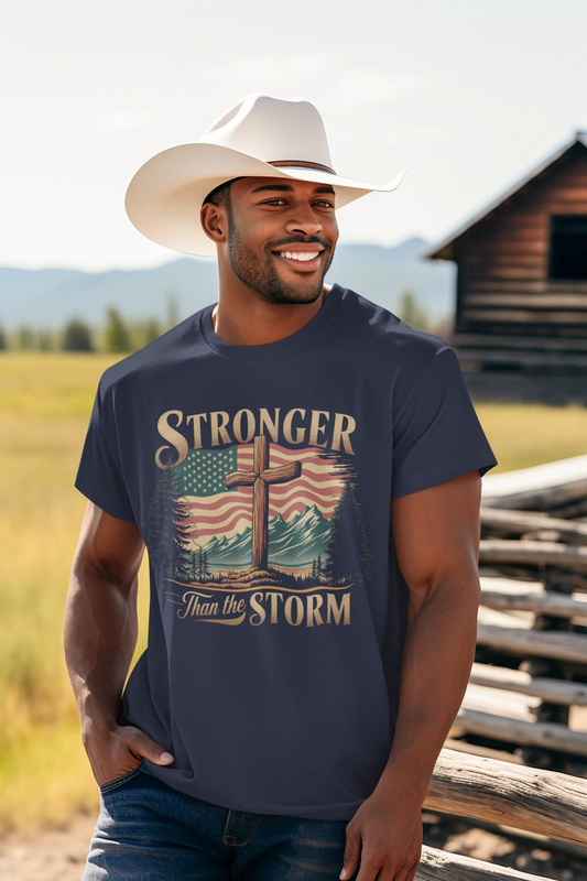 STRONGER THAN THE STORM Patriotic Christian T-Shirt (S-5XL): Men's Medium Weight Gildan 5000 - FREE SHIPPING