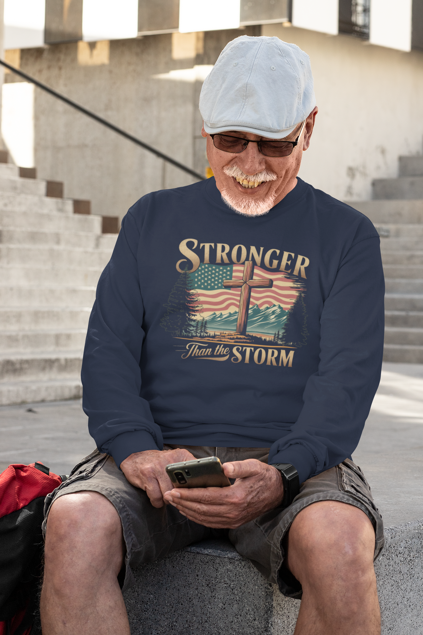 STRONGER THAN THE STORM Heavy Weight Patriotic Christian Long Sleeve T-Shirt (S-2XL): Men's Gildan 2400 - FREE SHIPPING