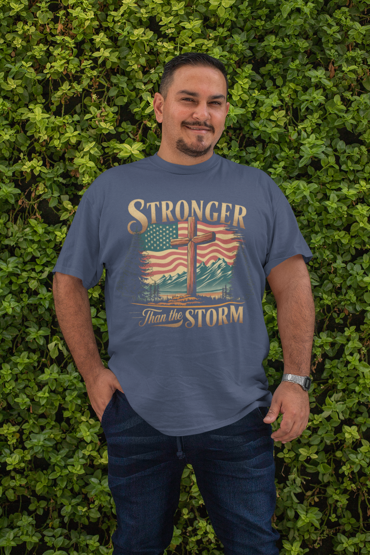 . STRONGER THAN THE STORM Plus Size Heavy Weight Patriotic Christian T-Shirt (S-5XL): Men's Hanes Beefy-T® - FREE SHIPPING