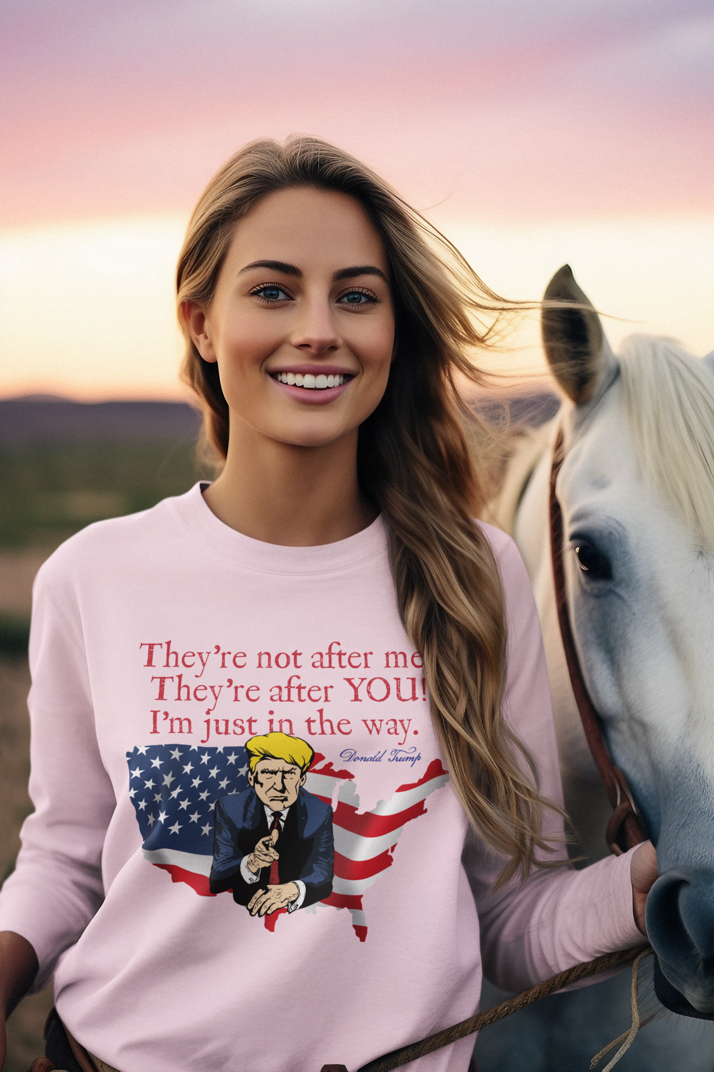 TRUMP - THEY'RE AFTER YOU! Heavy Weight Patriotic Long Sleeve T-Shirt (S-2XL): Women's Gildan 2400 - FREE SHIPPING