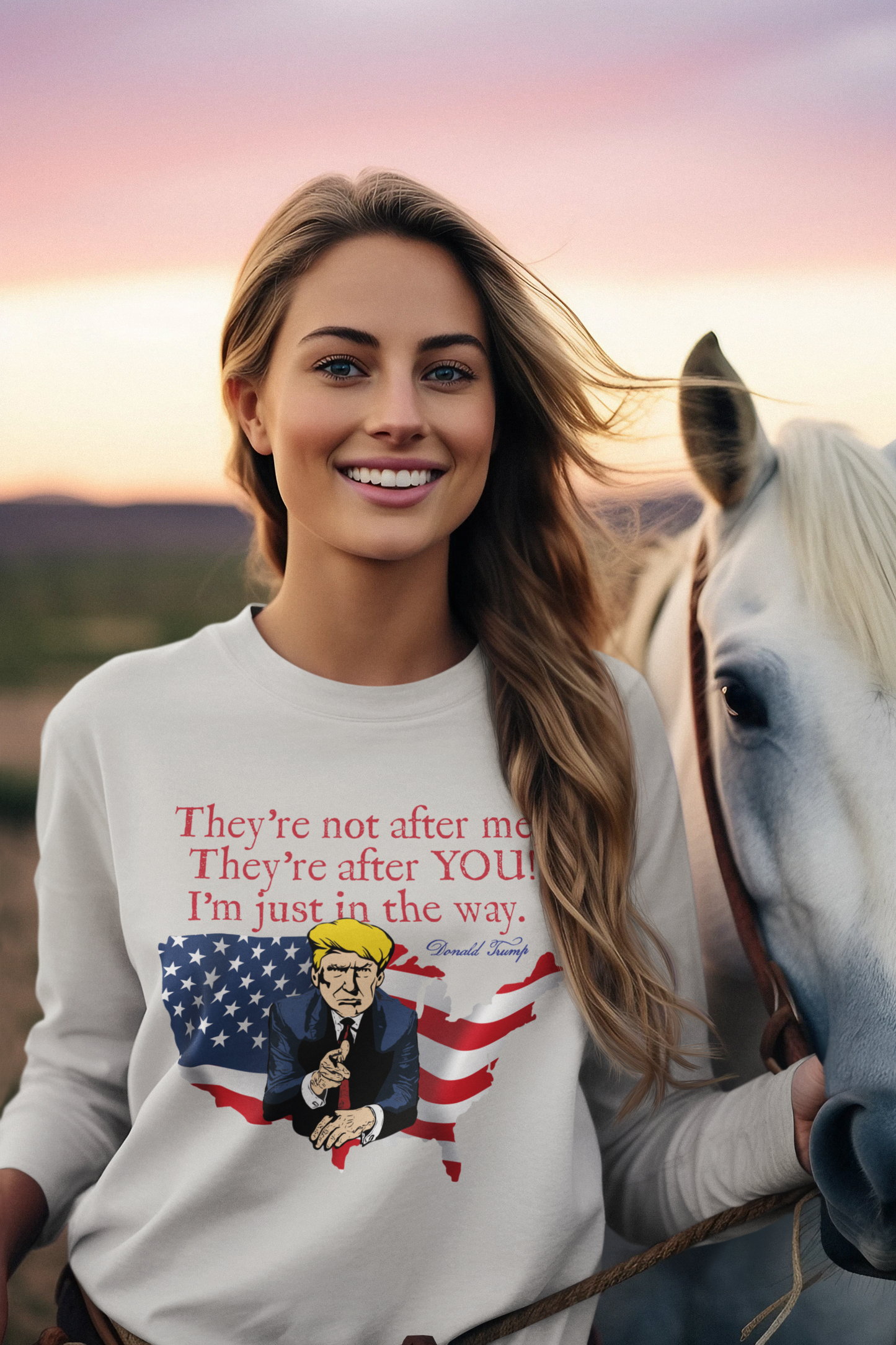 TRUMP - THEY'RE AFTER YOU! Heavy Weight Patriotic Long Sleeve T-Shirt (S-2XL): Women's Gildan 2400 - FREE SHIPPING