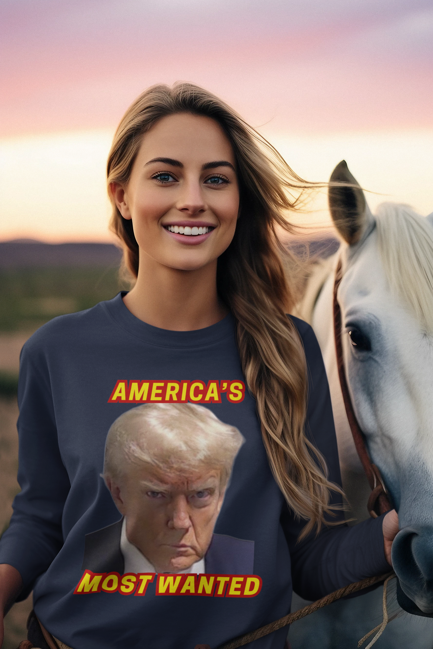 TRUMP MUG SHOT Heavy Weight Patriotic Long Sleeve T-Shirt (S-2XL): Women's Gildan 2400 - FREE SHIPPING