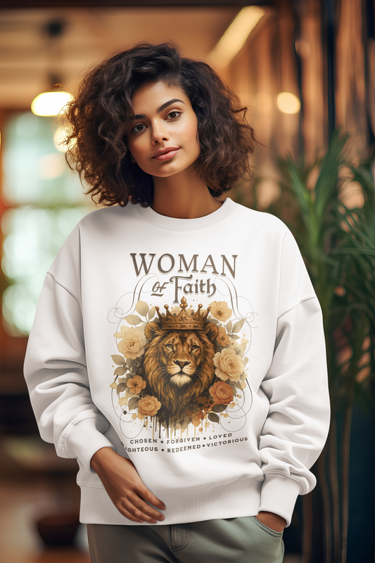 WOMAN OF FAITH Heavy Weight Christian Sweatshirt (S-5XL): Women's Gildan 18000