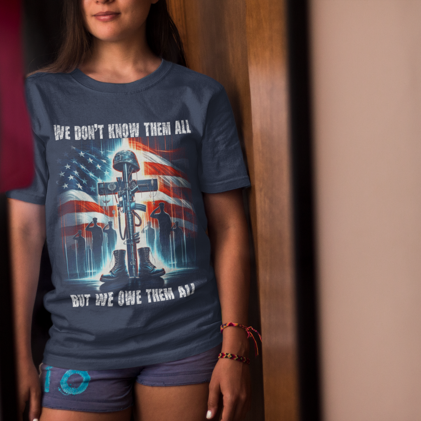 WE OWE THEM ALL Classic Patriotic Military T-Shirt (S-5XL): Women's Medium Weight Gildan 5000 - FREE SHIPPING