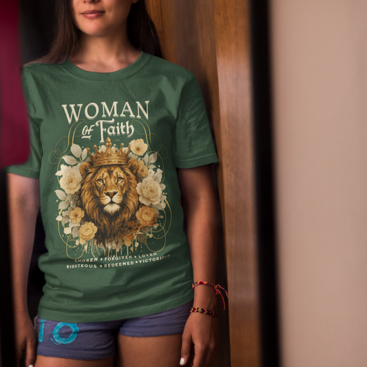 WOMAN OF FAITH Classic Christian T-Shirt (S-5XL): Women's Medium Weight Gildan 5000 - FREE SHIPPING