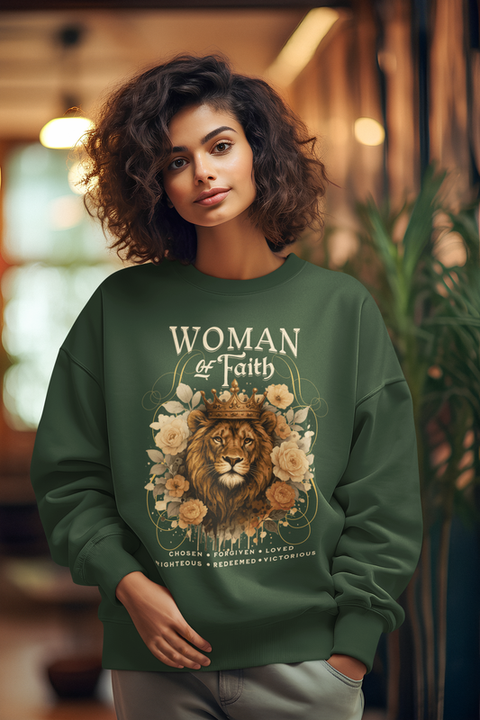 WOMAN OF FAITH Heavy Weight Christian Sweatshirt (S-5XL): Women's Gildan 18000