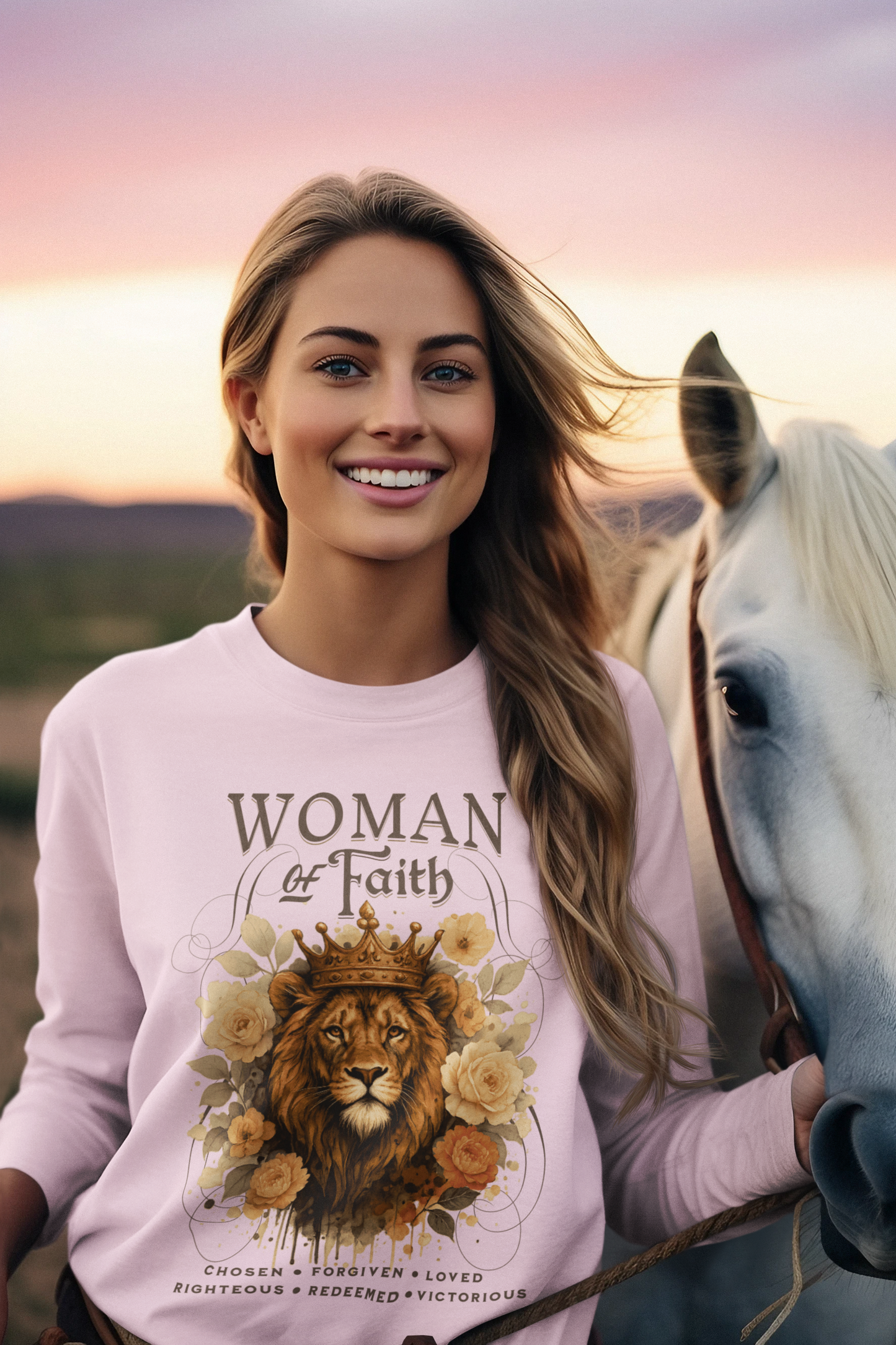 WOMAN OF FAITH Heavy Weight Christian Long Sleeve T-Shirt (S-2XL): Women's Gildan 2400 - FREE SHIPPING