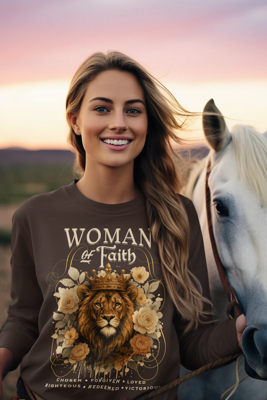 WOMAN OF FAITH Heavy Weight Christian Long Sleeve T-Shirt (S-2XL): Women's Gildan 2400 - FREE SHIPPING