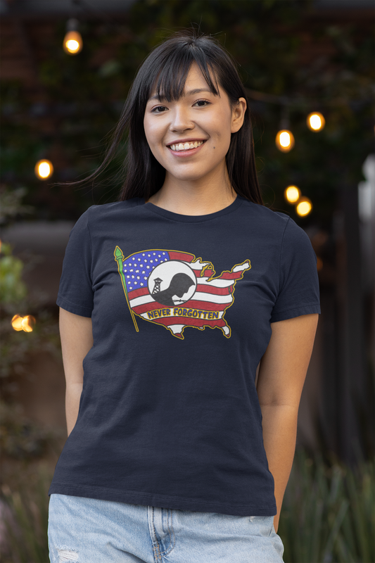 NEVER FORGOTTEN Fitted Patriotic T-Shirt (S-2XL): Women's Bella+Canvas 6004 - FREE SHIPPING