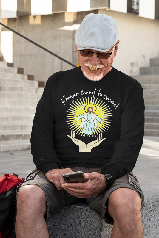 . PRAYER CANNOT BE CENSORED Heavy Weight Patriotic Christian Long Sleeve T-Shirt (S-2XL): Men's Gildan 2400 - FREE SHIPPING