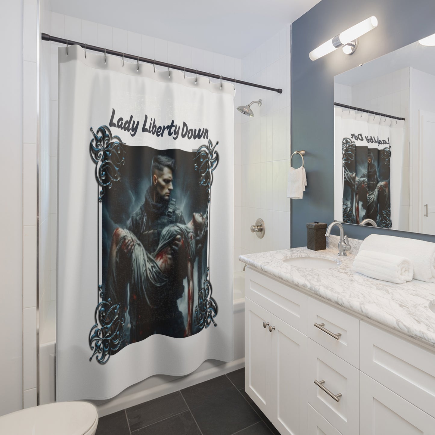 LADY LIBERTY DOWN:  100% Polyester Patriotic Military Shower Curtain - FREE SHIPPING