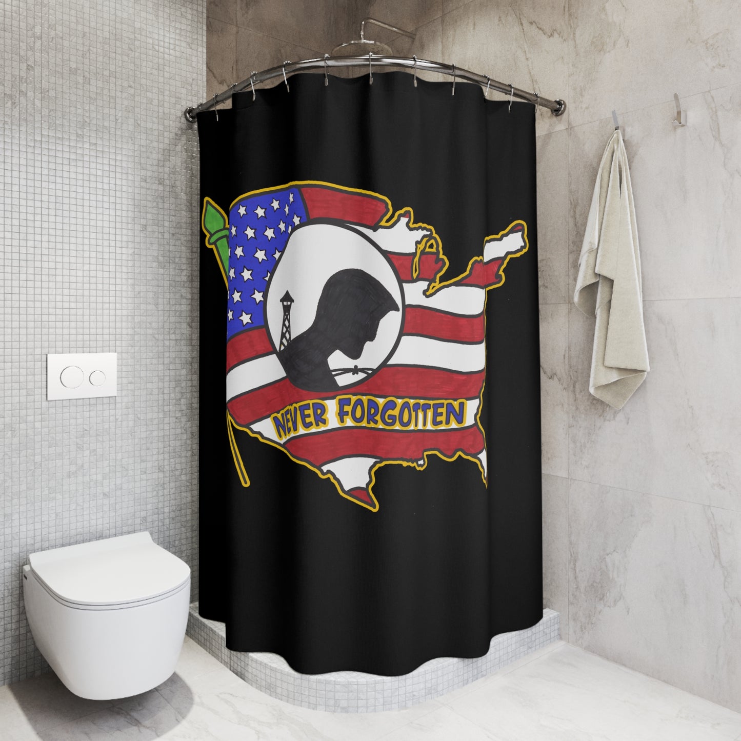 NEVER FORGOTTEN:  100% Polyester Patriotic Military Shower Curtain - FREE SHIPPING