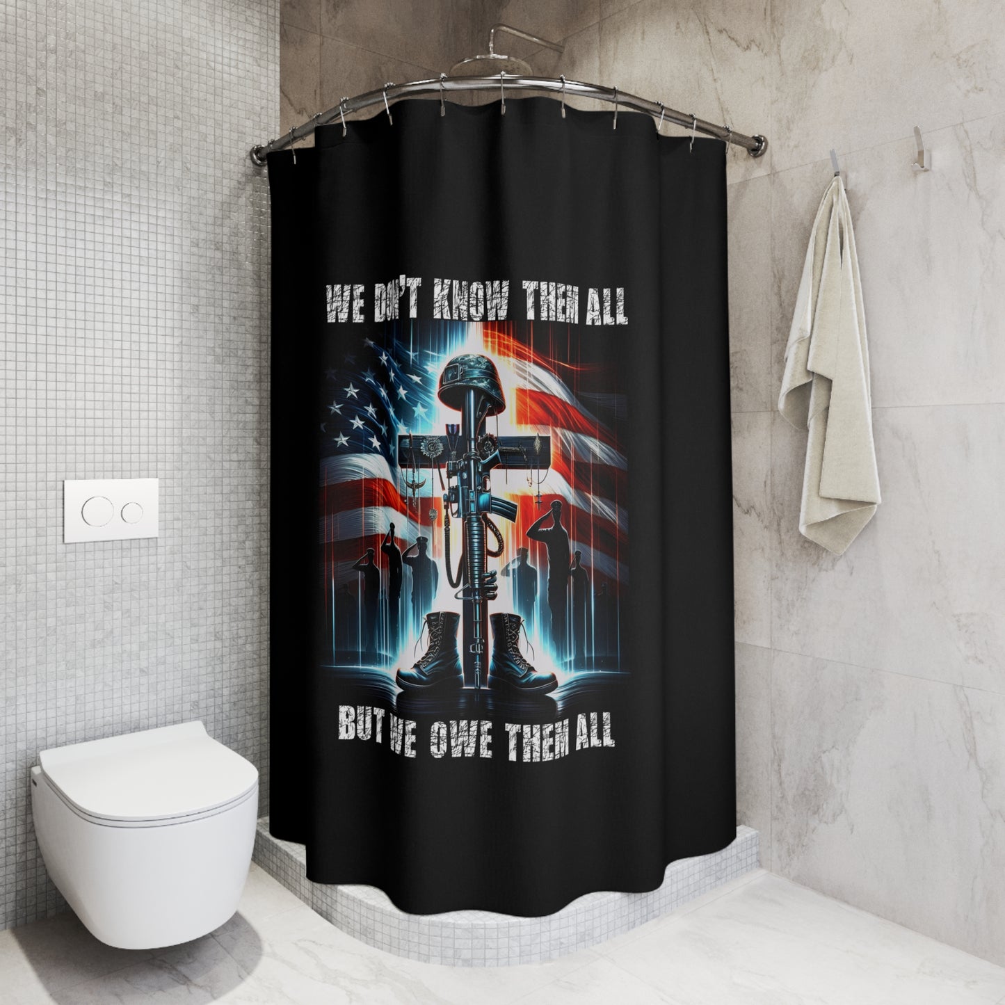 WE OWE THEM ALL:  100% Polyester Patriotic Christian Shower Curtain - FREE SHIPPING