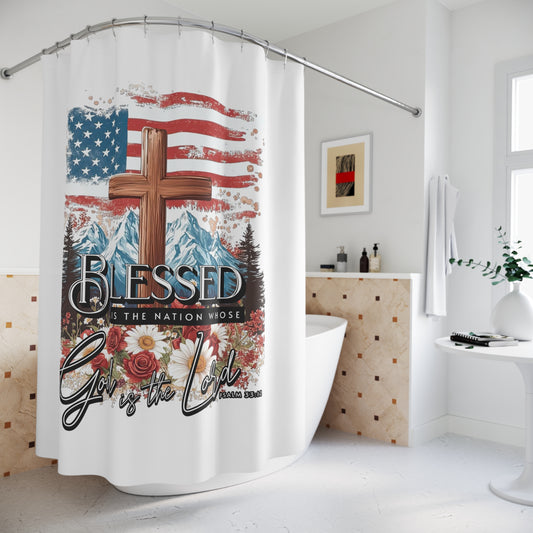 BLESSED IS THE NATION:  100% Polyester Patriotic Christian Shower Curtain - FREE SHIPPING
